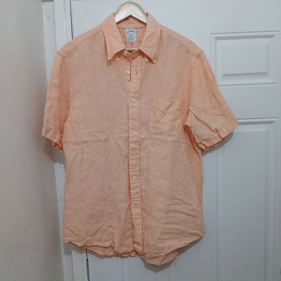 Brooks brothers mens large REGENT shirt apricot peach 100% linen shortsleeve - Picture 2 of 8